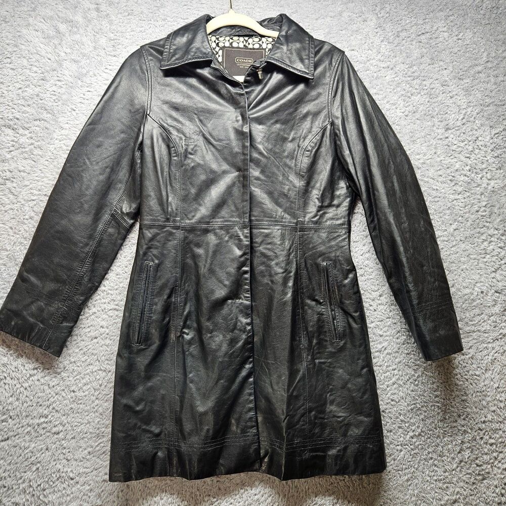 Coach Womens Black Leather Jacket Size XS Mid Length